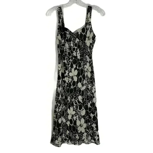 Ann Taylor Black Taupe Flower Floral Silk Sleevele - Picture 1 of 6